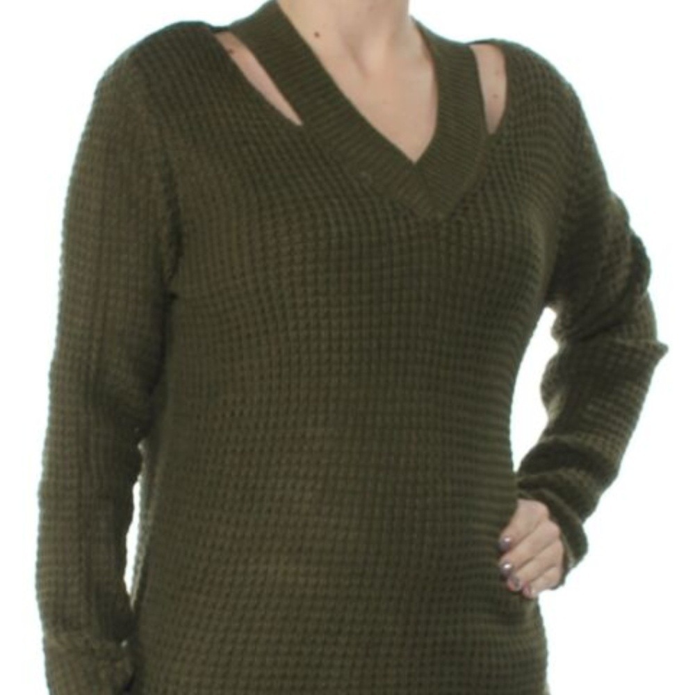 Hooked Up by IOT Cutout Collar Sweater Juniors S Green Chunky Knit Long Sleeve